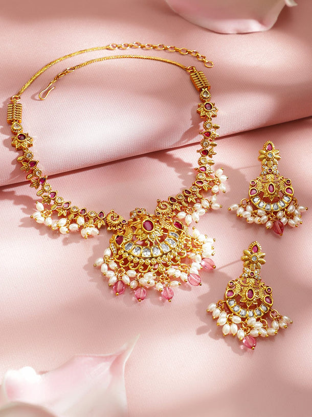 Rubans 22K Gold-Plated Ruby Pink Stone, Pearl & Pastel Pink Beaded Necklace Set Jewellery Set