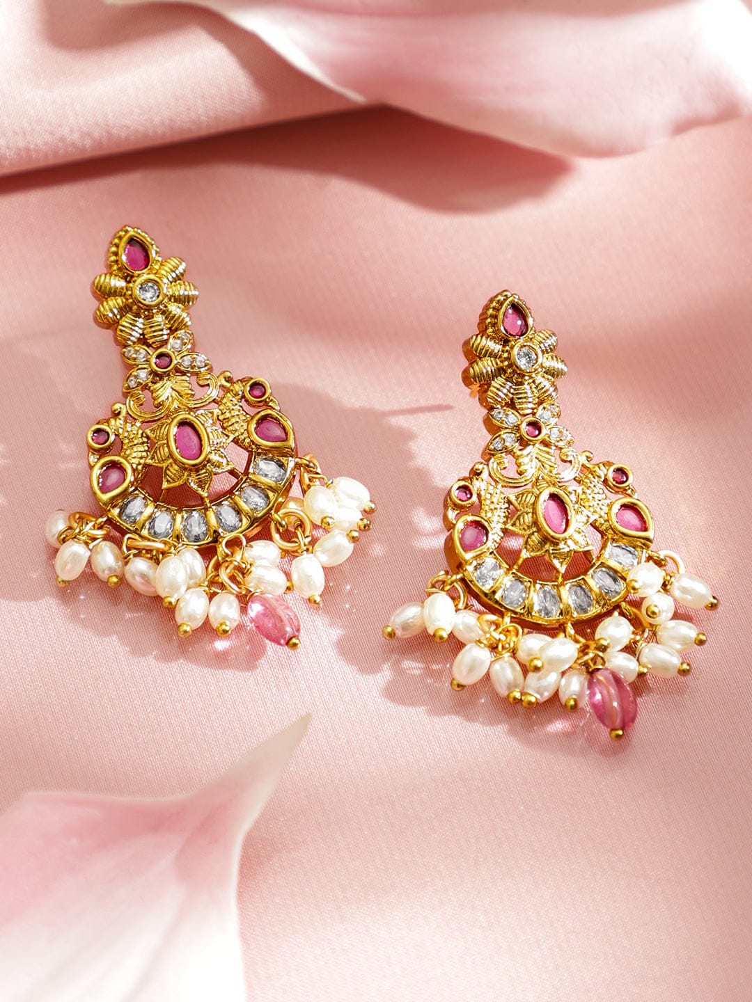 Rubans 22K Gold-Plated Ruby Pink Stone, Pearl & Pastel Pink Beaded Necklace Set Jewellery Set