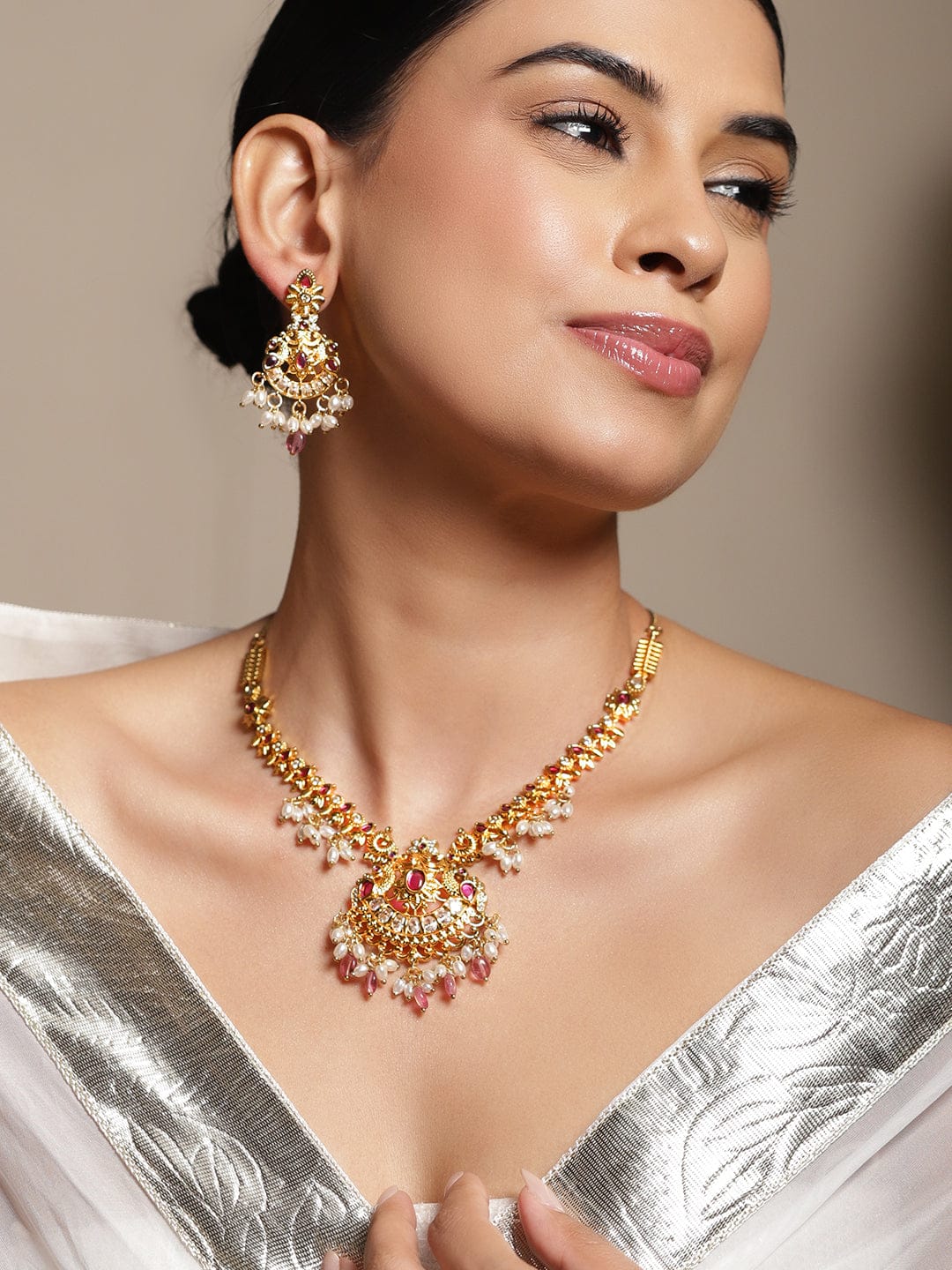 Rubans 22K Gold-Plated Ruby Pink Stone, Pearl & Pastel Pink Beaded Necklace Set Jewellery Set