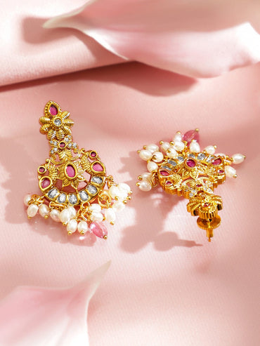 Rubans 22K Gold-Plated Ruby Pink Stone, Pearl & Pastel Pink Beaded Necklace Set Jewellery Set