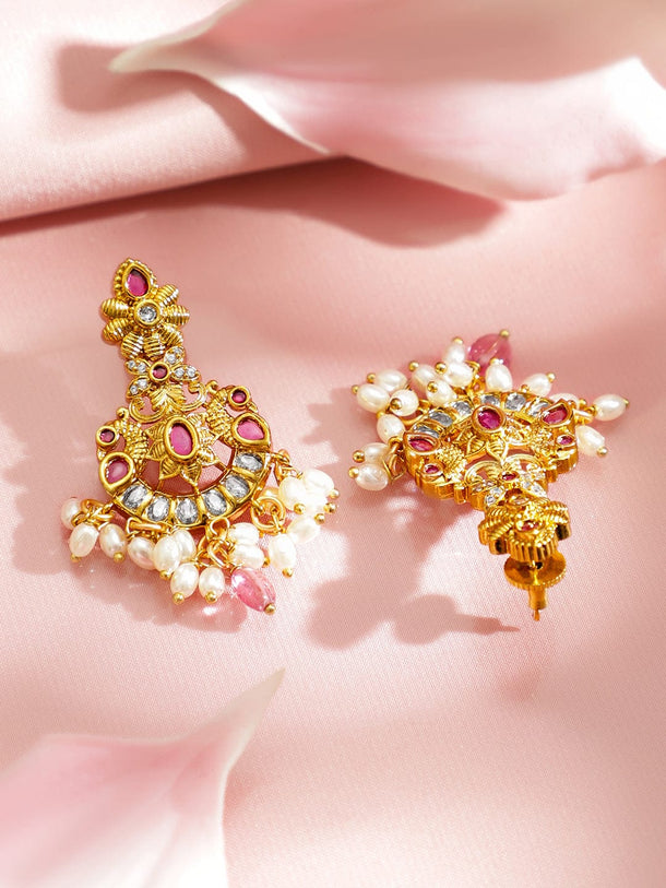 Rubans 22K Gold-Plated Ruby Pink Stone, Pearl & Pastel Pink Beaded Necklace Set Jewellery Set