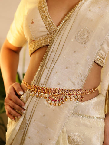 Rubans 22k Gold-Plated Ruby Pink Stone Studded Handcrafted Temple Kamarbandh Saree Accessories