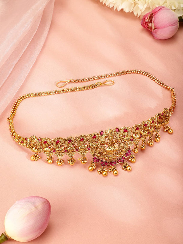 Rubans 22k Gold-Plated Ruby Pink Stone Studded Handcrafted Temple Kamarbandh Saree Accessories