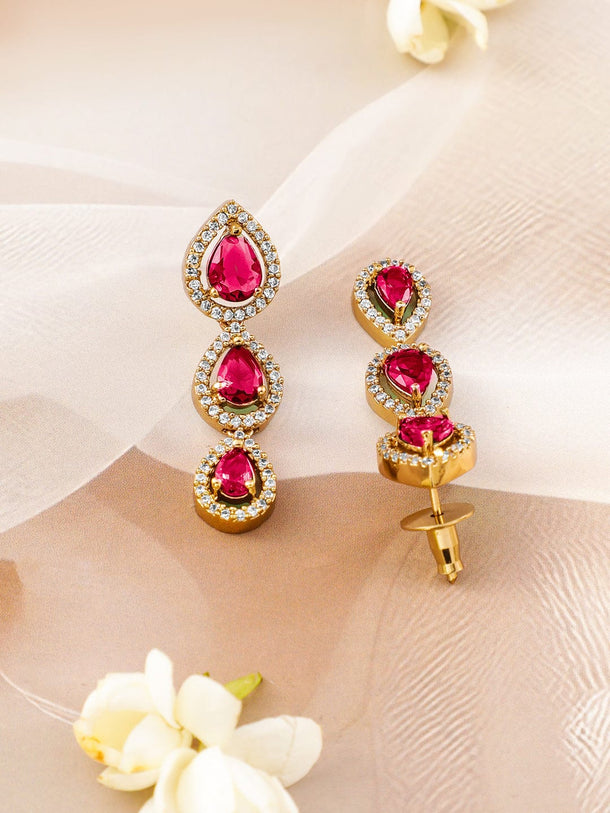 Rubans 22K Gold-Plated Ruby Pink Stones & White Cubic Zirconia Handcrafted Necklace Set Jewellery Set