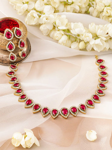 Rubans 22K Gold-Plated Ruby Pink Stones & White Cubic Zirconia Handcrafted Necklace Set Jewellery Set