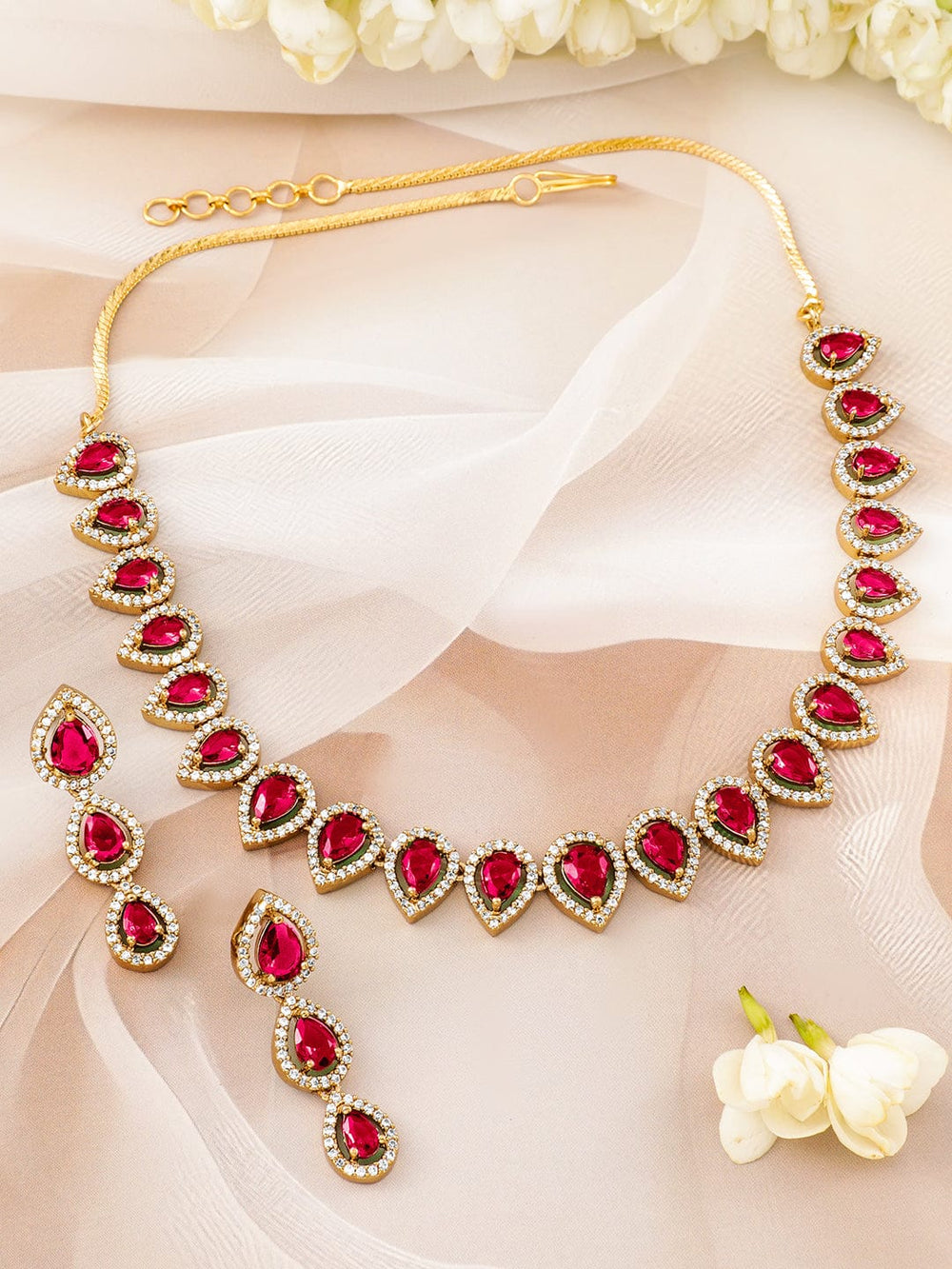 Rubans 22K Gold-Plated Ruby Pink Stones & White Cubic Zirconia Handcrafted Necklace Set Jewellery Set