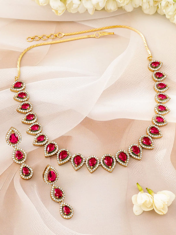 Rubans 22K Gold-Plated Ruby Pink Stones & White Cubic Zirconia Handcrafted Necklace Set Jewellery Set