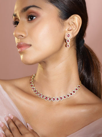Rubans 22K Gold-Plated Ruby Pink Stones & White Cubic Zirconia Handcrafted Necklace Set Necklace Set