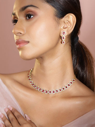 Rubans 22K Gold-Plated Ruby Pink Stones & White Cubic Zirconia Handcrafted Necklace Set Necklace Set