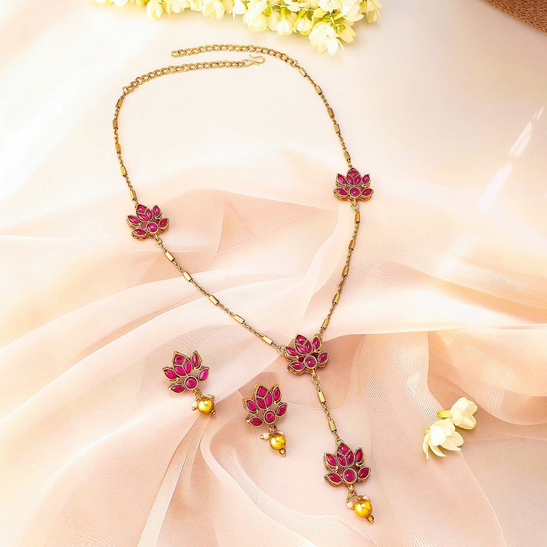 Rubans 22K Gold Plated Ruby Pink Studded Layered Lotus Motif Necklace Set Necklace Set