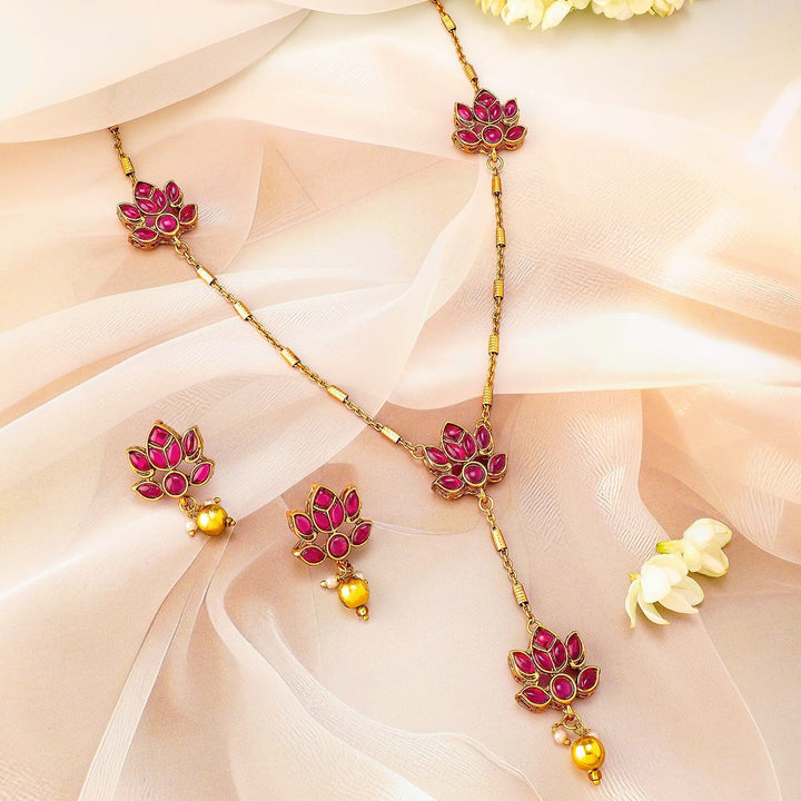 Rubans 22K Gold Plated Ruby Pink Studded Layered Lotus Motif Necklace Set Necklace Set