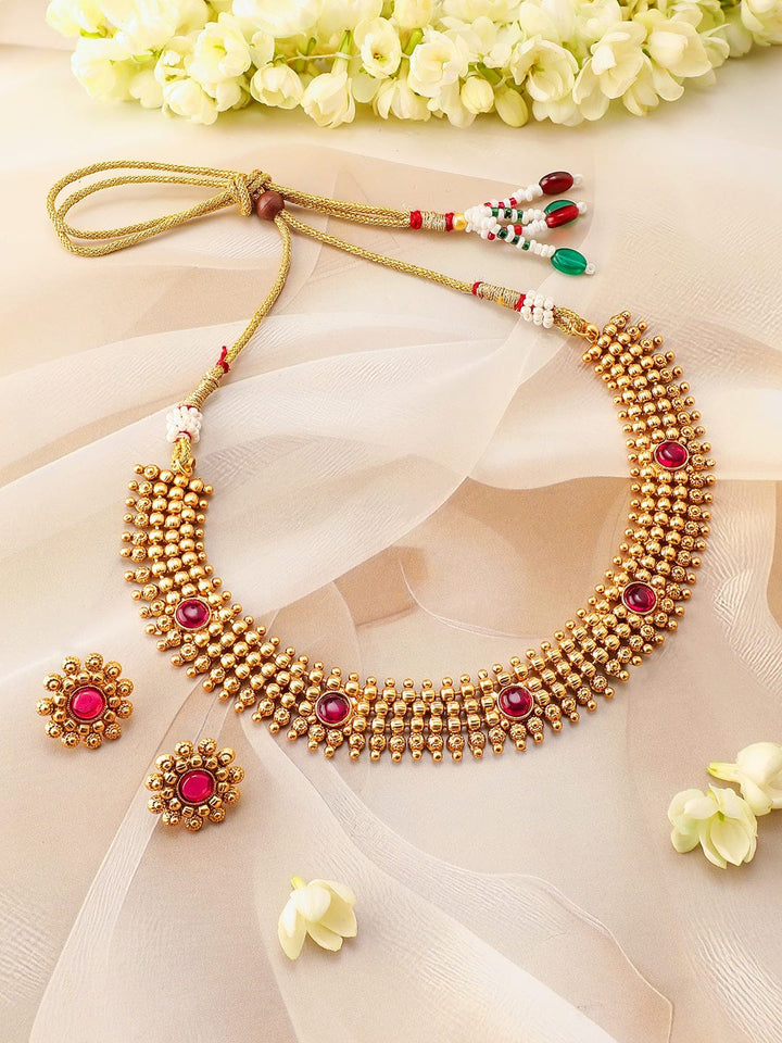 Rubans 22K Gold-Plated Ruby Pink Studded Traditional Choker Necklace Set with Gold Beads Jewellery Set