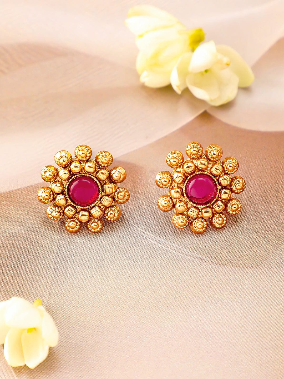 Rubans 22K Gold-Plated Ruby Pink Studded Traditional Choker Necklace Set with Gold Beads Jewellery Set