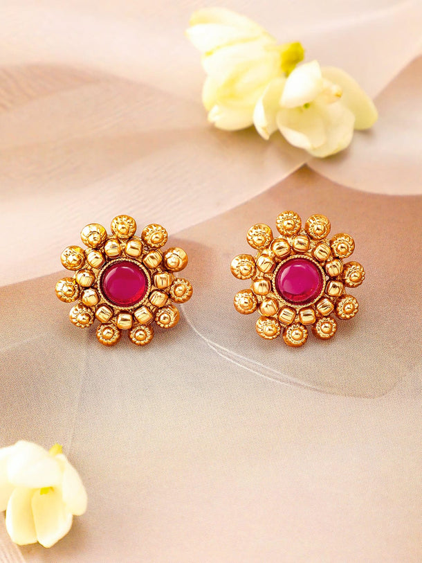 Rubans 22K Gold-Plated Ruby Pink Studded Traditional Choker Necklace Set with Gold Beads Jewellery Set