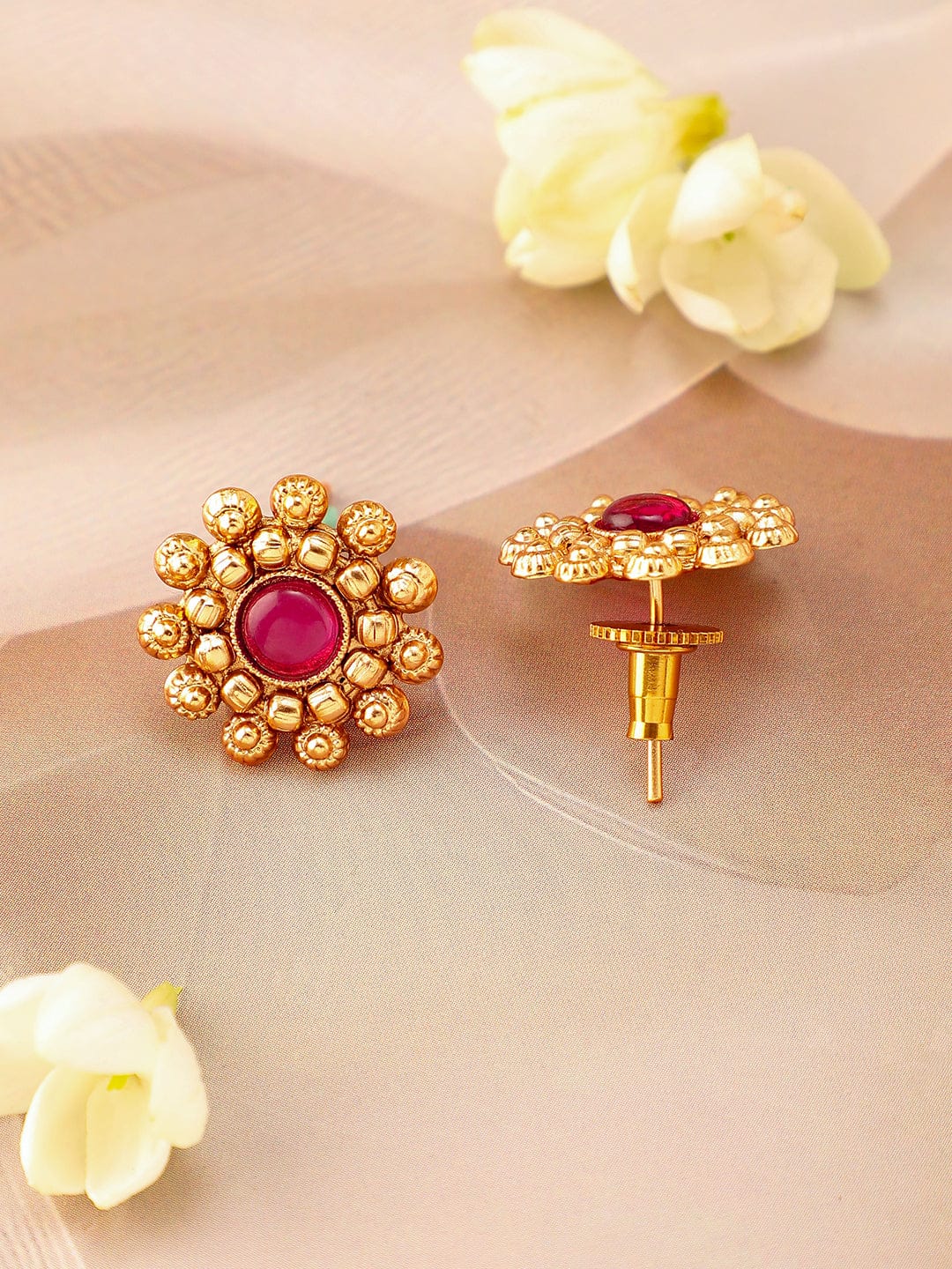 Rubans 22K Gold-Plated Ruby Pink Studded Traditional Choker Necklace Set with Gold Beads Jewellery Set