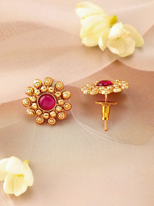 Rubans 22K Gold-Plated Ruby Pink Studded Traditional Choker Necklace Set with Gold Beads Jewellery Set