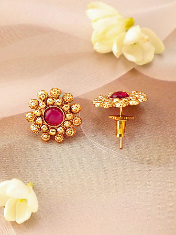 Rubans 22K Gold-Plated Ruby Pink Studded Traditional Choker Necklace Set with Gold Beads Jewellery Set