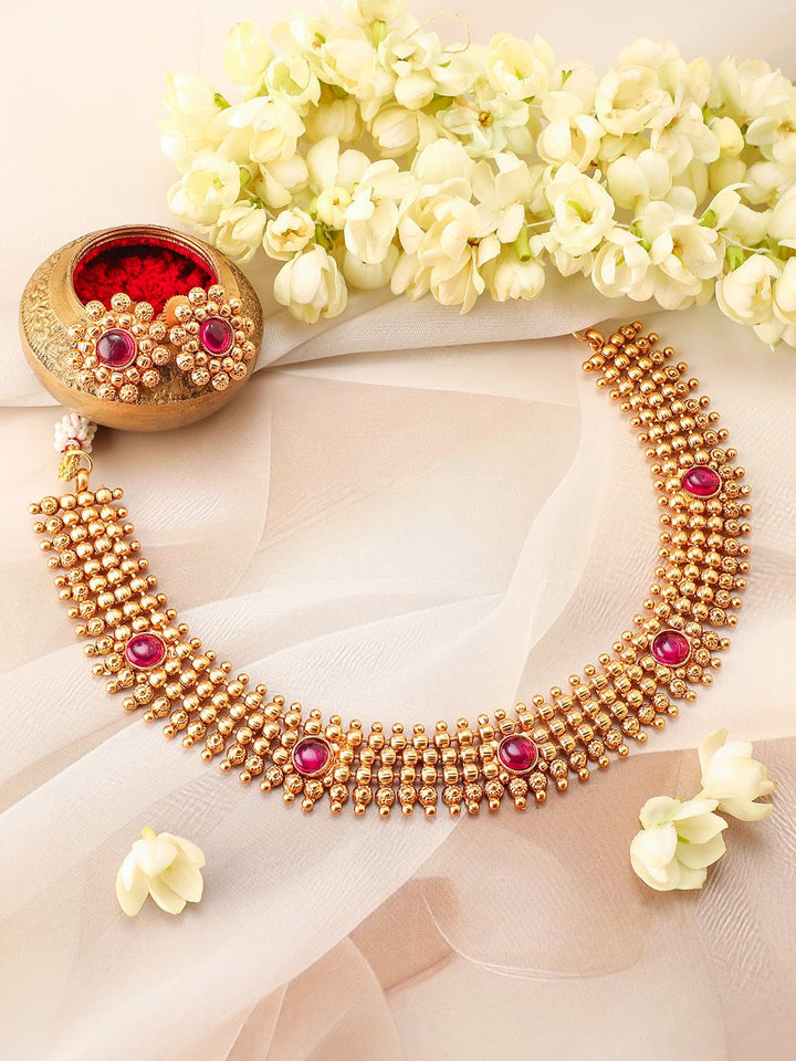 Rubans 22K Gold-Plated Ruby Pink Studded Traditional Choker Necklace Set with Gold Beads Jewellery Set
