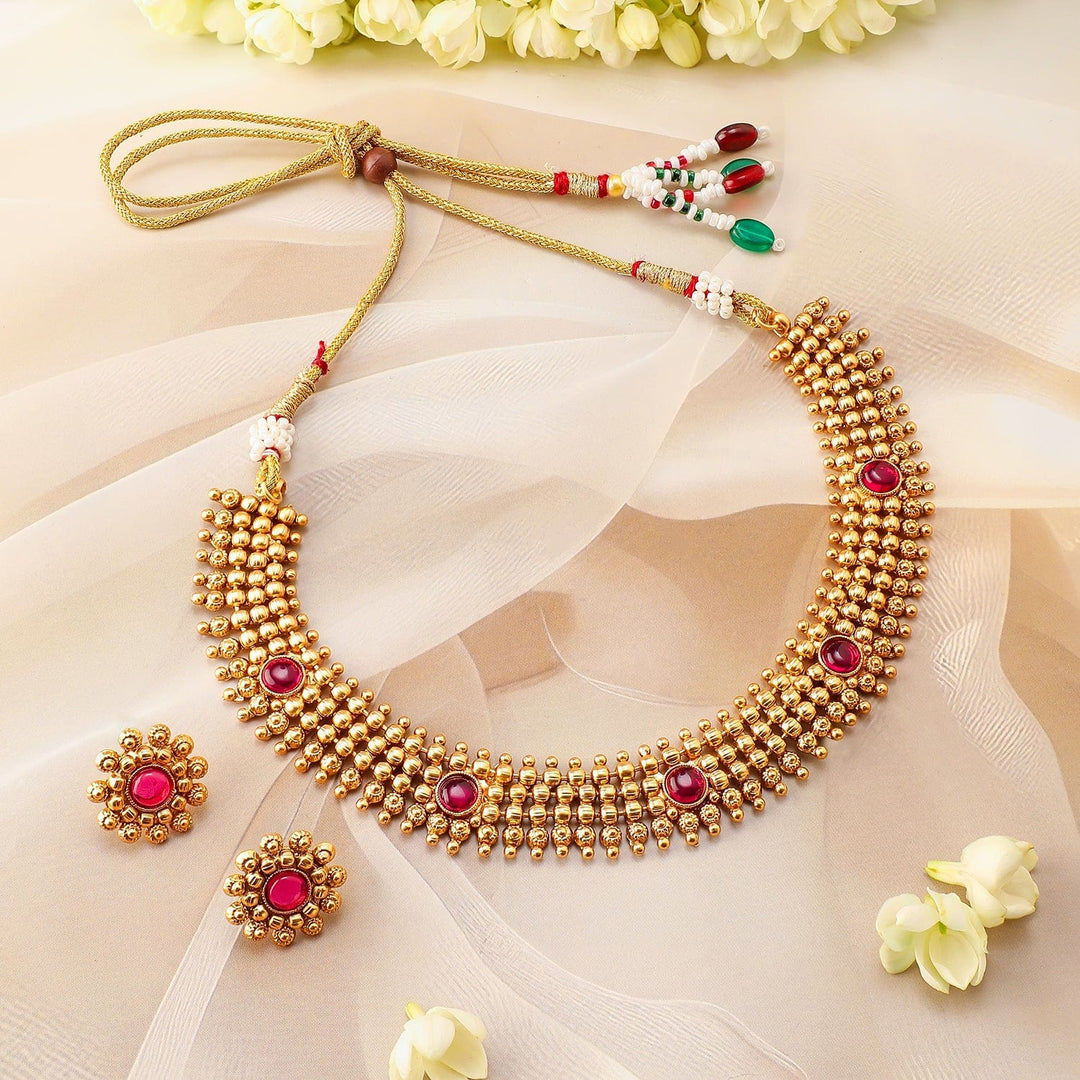 Rubans 22K Gold-Plated Ruby Pink Studded Traditional Choker Necklace Set with Gold Beads Necklace Set