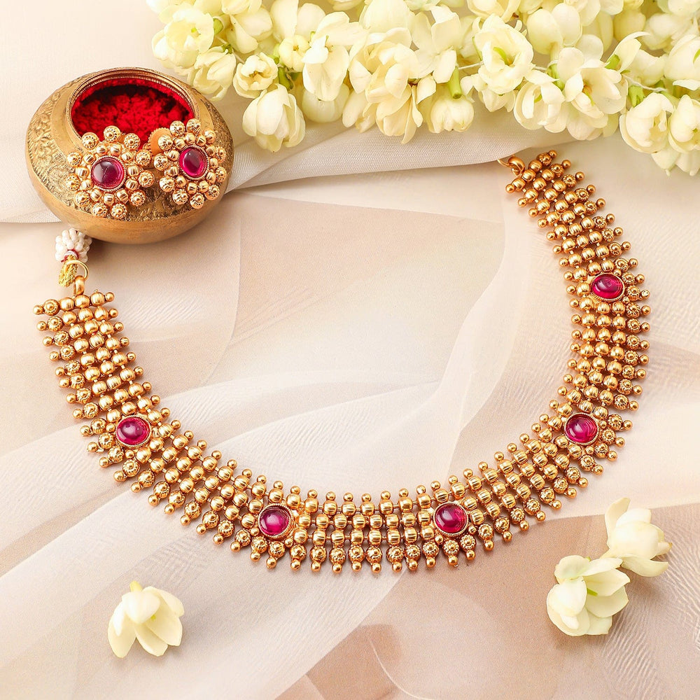 Rubans 22K Gold-Plated Ruby Pink Studded Traditional Choker Necklace Set with Gold Beads Necklace Set