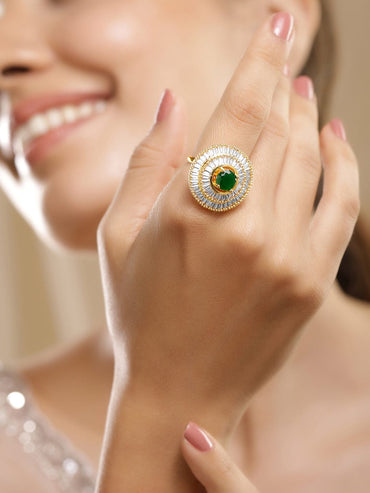 Rubans 22K Gold Plated Ruby Pink & White American Diamond Studded Adjustable Finger Ring