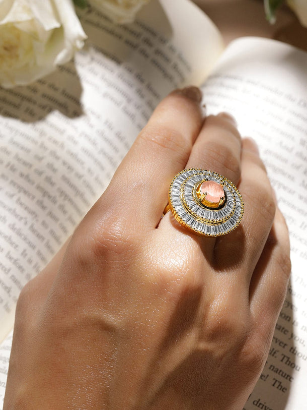 Rubans 22K Gold Plated Ruby Pink & White American Diamond Studded Adjustable Finger Ring