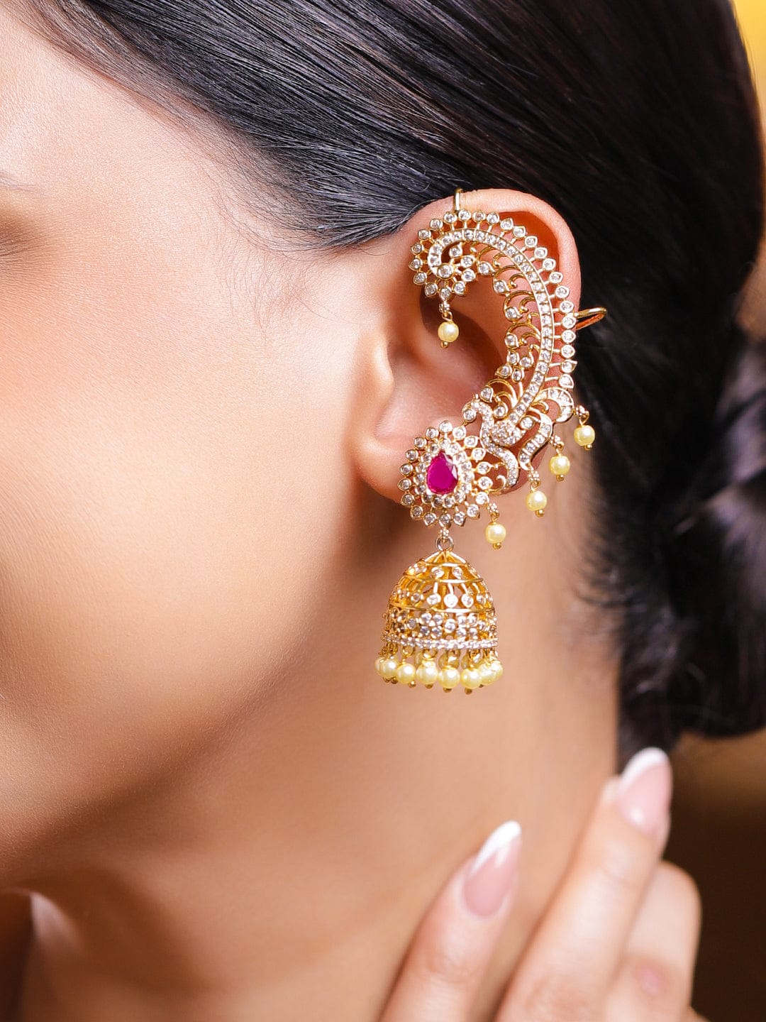 Rubans 22K Gold-Plated Ruby Pink  & White Cubic Zirconia Studded Ear-Cuff Jhumka Earrings Earrings