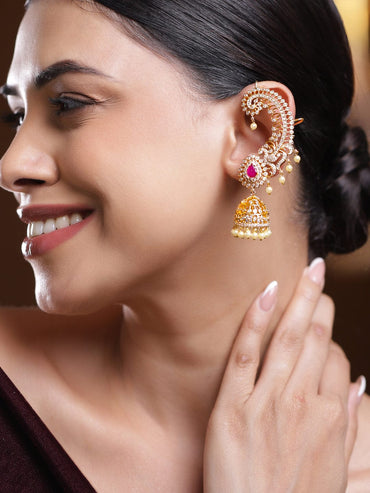 Rubans 22K Gold-Plated Ruby Pink  & White Cubic Zirconia Studded Ear-Cuff Jhumka Earrings Earrings