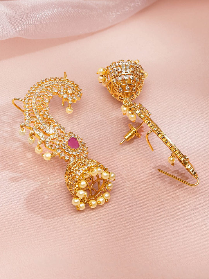 Rubans 22K Gold-Plated Ruby Pink  & White Cubic Zirconia Studded Ear-Cuff Jhumka Earrings Earrings