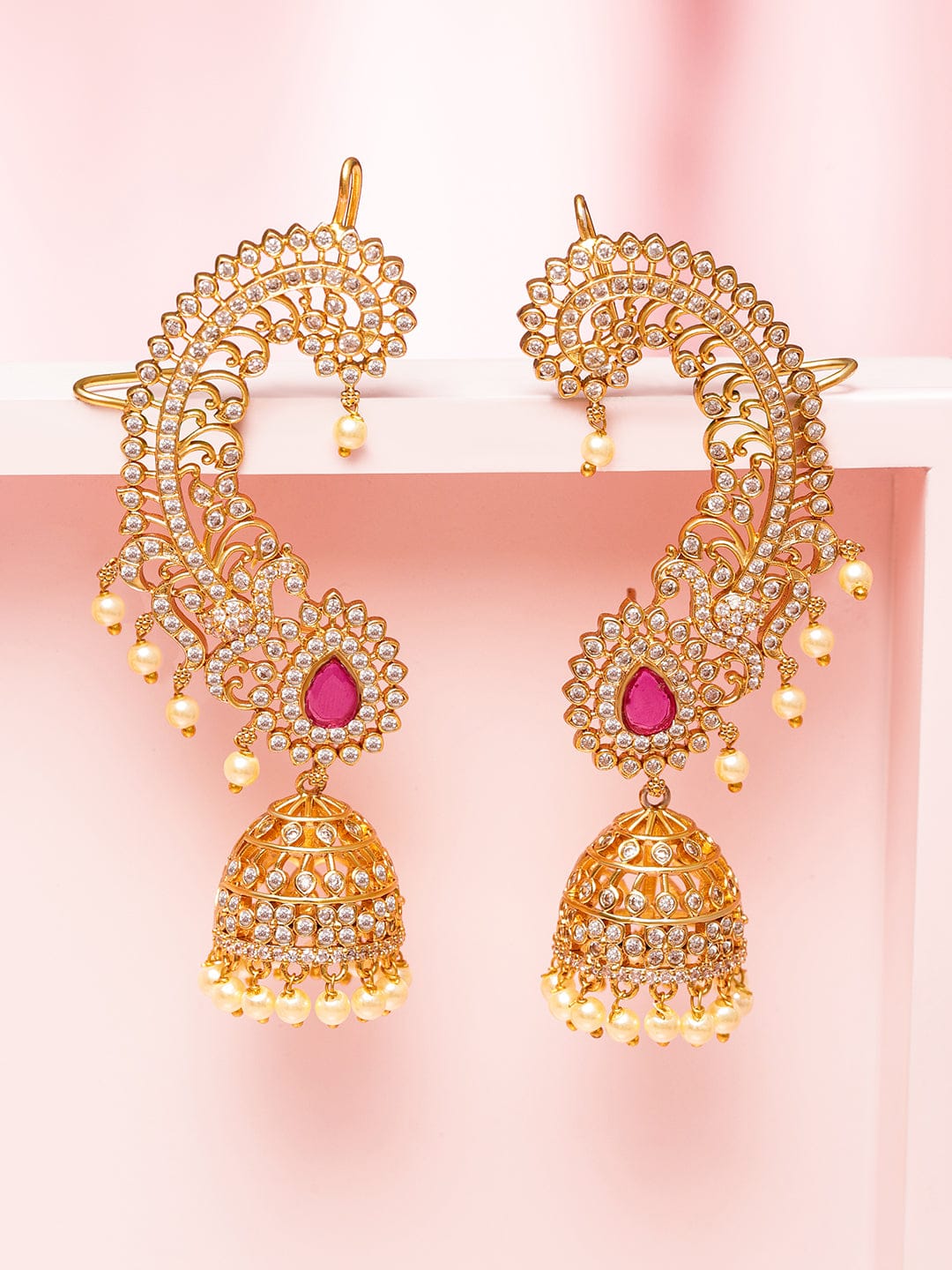 Rubans 22K Gold-Plated Ruby Pink  & White Cubic Zirconia Studded Ear-Cuff Jhumka Earrings Earrings