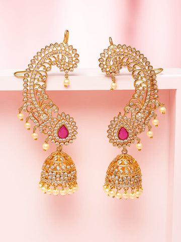 Rubans 22K Gold-Plated Ruby Pink  & White Cubic Zirconia Studded Ear-Cuff Jhumka Earrings Earrings