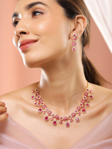 Rubans 22K Gold-Plated Ruby Pink & White Cubic Zirconia Studded Floral Drop Necklace Set Necklaces, Necklace Sets, Chains & Mangalsutra