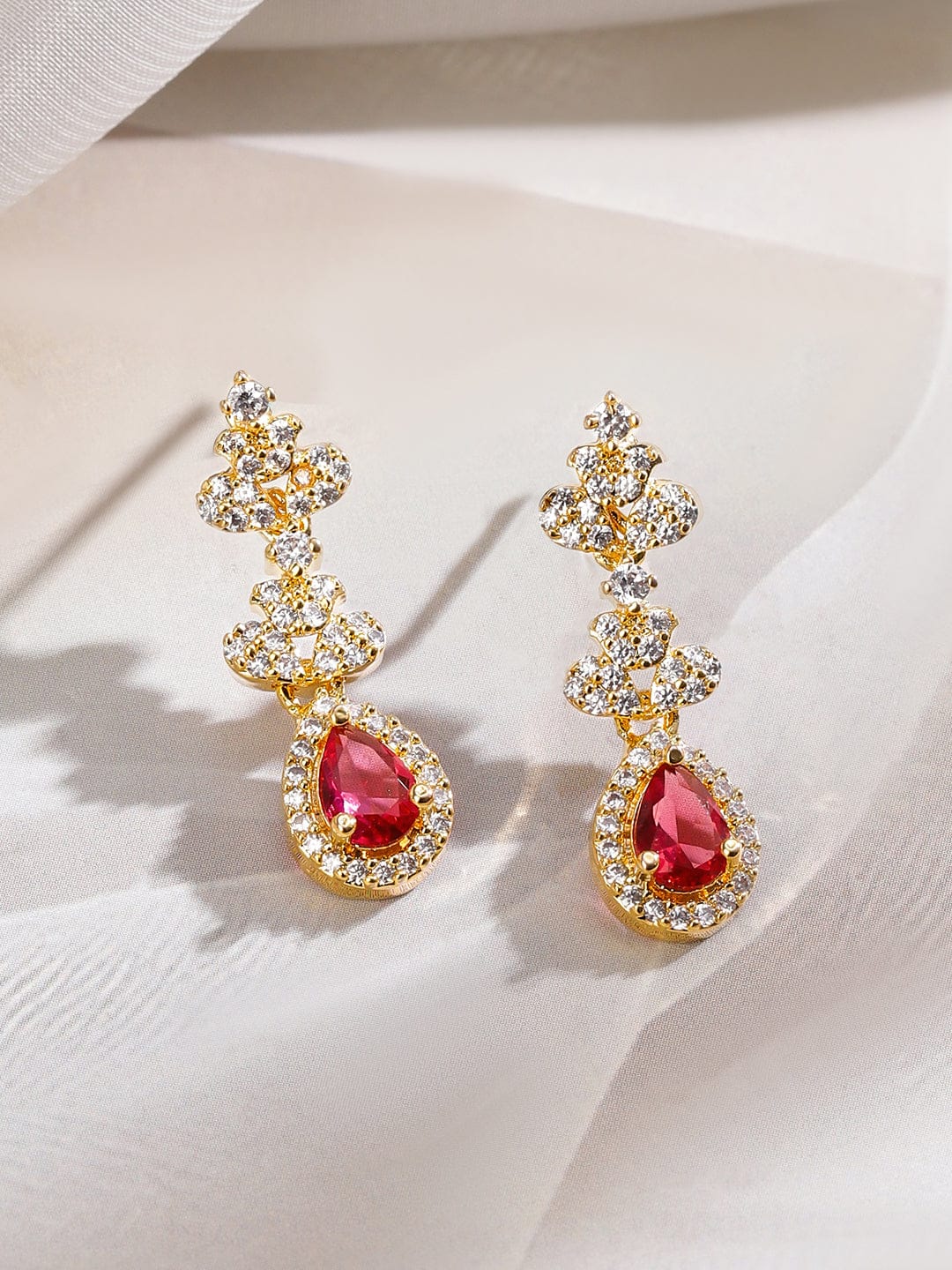 Rubans 22K Gold-Plated Ruby Pink & White Cubic Zirconia Studded Necklace Set with Earrings Jewellery Set