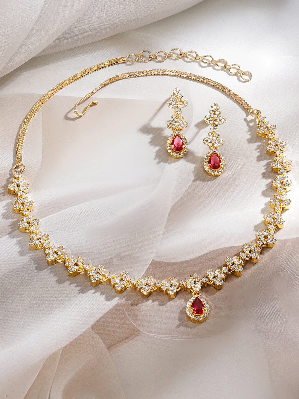 Rubans 22K Gold-Plated Ruby Pink & White Cubic Zirconia Studded Necklace Set with Earrings Jewellery Set