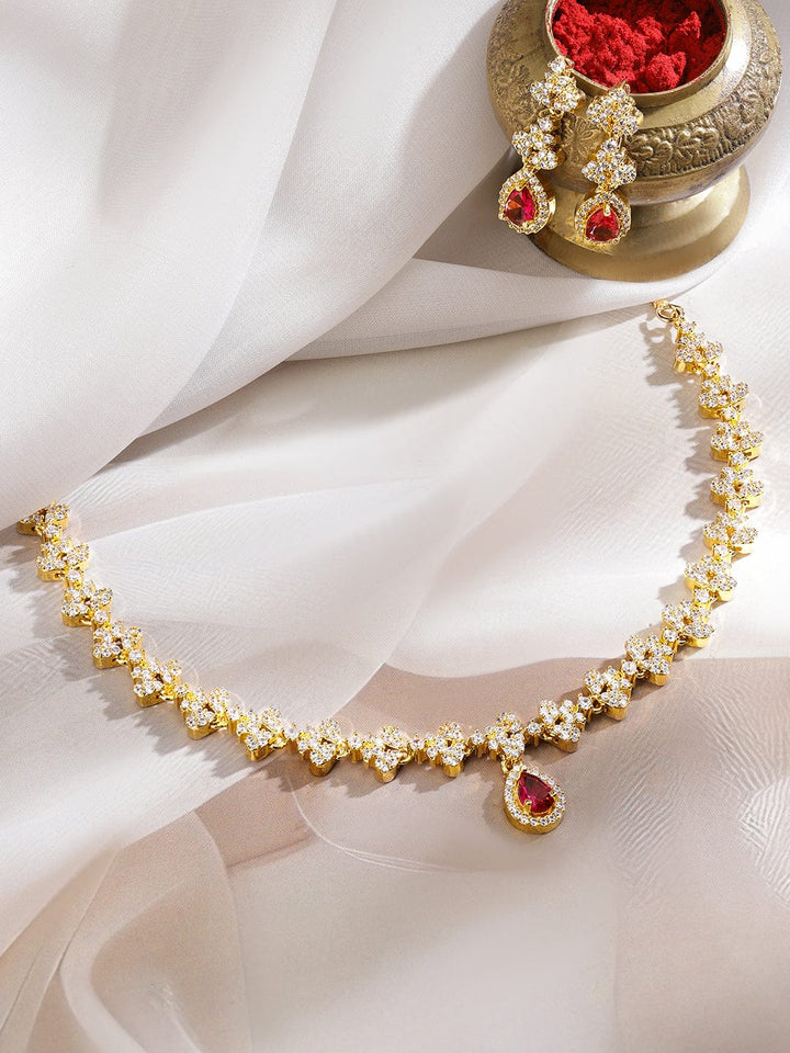 Rubans 22K Gold-Plated Ruby Pink & White Cubic Zirconia Studded Necklace Set with Earrings Jewellery Set