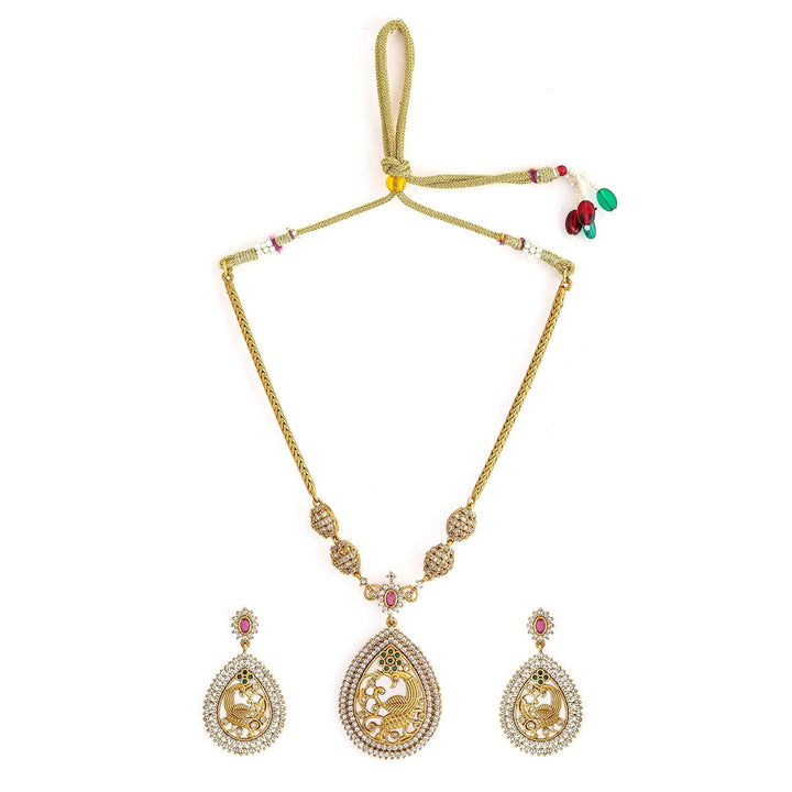 Rubans 22K Gold-Plated Ruby Pink & White Cubic Zirconia Studded Peacock Motif Necklace Set Necklace set