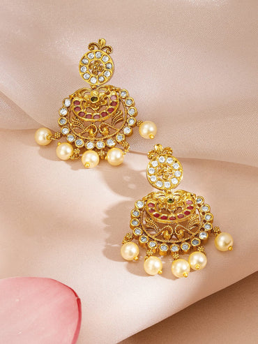Rubans 22K Gold-Plated Ruby Pink & White Cubic Zirconia Studded Pearl Beaded Lakshmi Temple Jewellery Set Jewellery Set