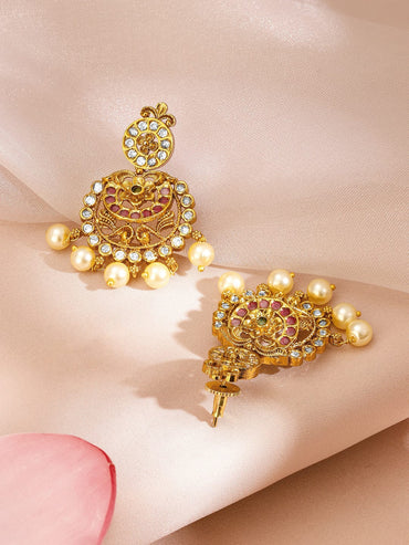 Rubans 22K Gold-Plated Ruby Pink & White Cubic Zirconia Studded Pearl Beaded Lakshmi Temple Jewellery Set Jewellery Set