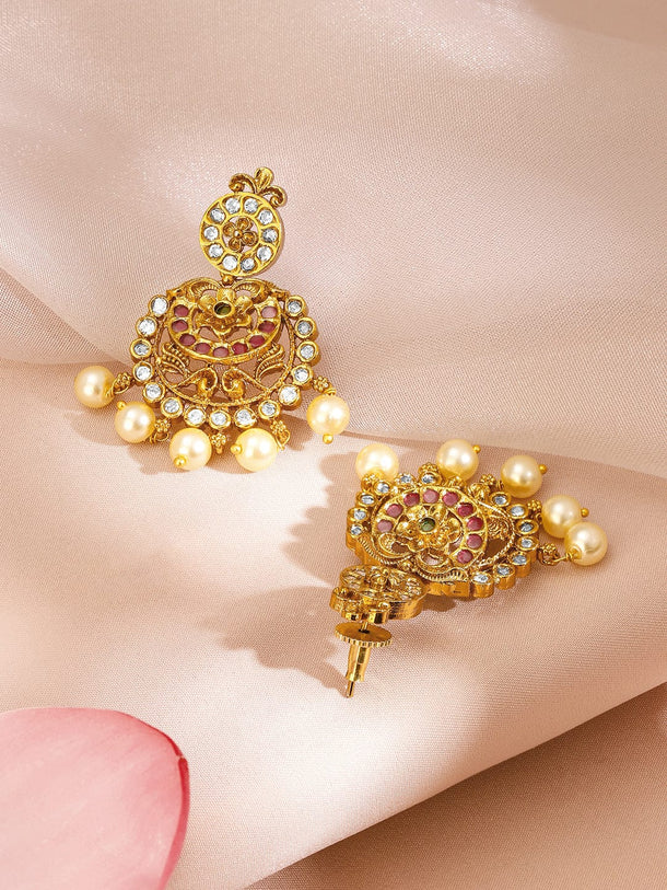 Rubans 22K Gold-Plated Ruby Pink & White Cubic Zirconia Studded Pearl Beaded Lakshmi Temple Jewellery Set Jewellery Set