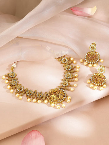 Rubans 22K Gold-Plated Ruby Pink & White Cubic Zirconia Studded Pearl Beaded Lakshmi Temple Jewellery Set Jewellery Set