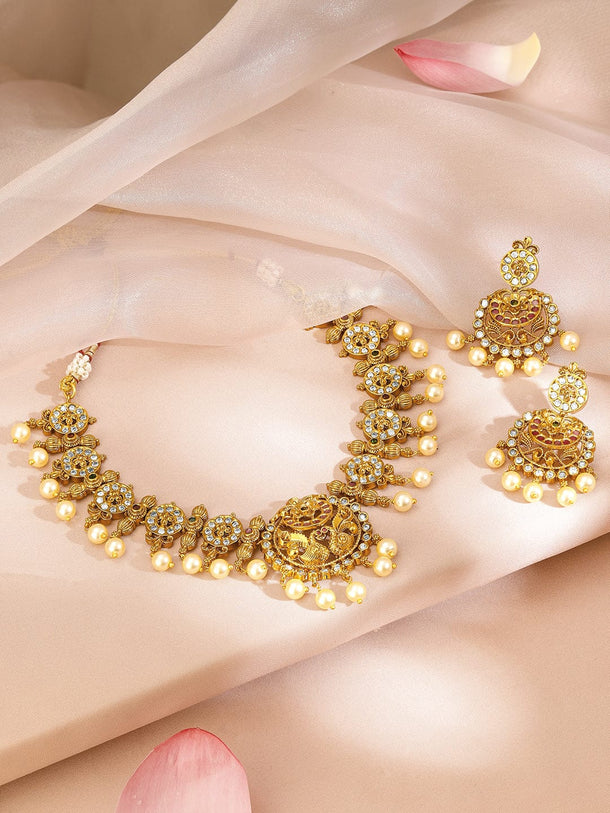 Rubans 22K Gold-Plated Ruby Pink & White Cubic Zirconia Studded Pearl Beaded Lakshmi Temple Jewellery Set Jewellery Set