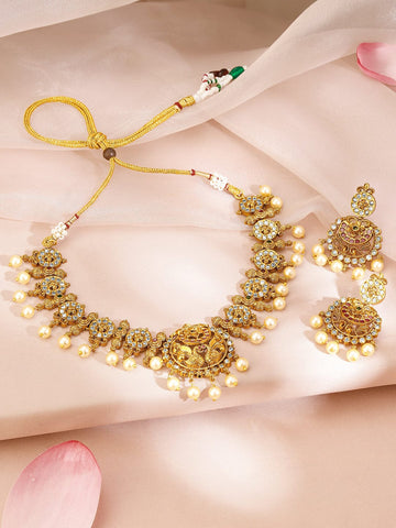 Rubans 22K Gold-Plated Ruby Pink & White Cubic Zirconia Studded Pearl Beaded Lakshmi Temple Jewellery Set Jewellery Set