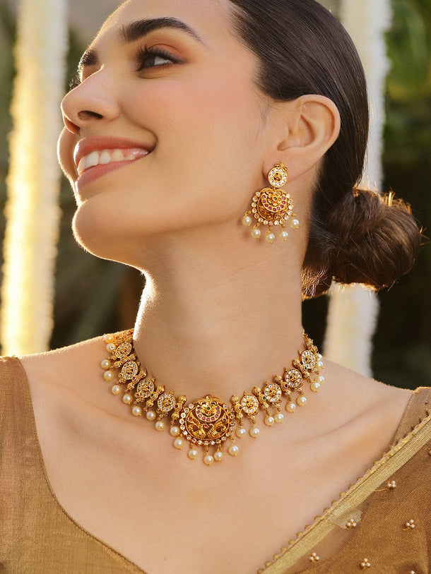 Rubans 22K Gold-Plated Ruby Pink & White Cubic Zirconia Studded Pearl Beaded Lakshmi Temple Jewellery Set Necklace Set