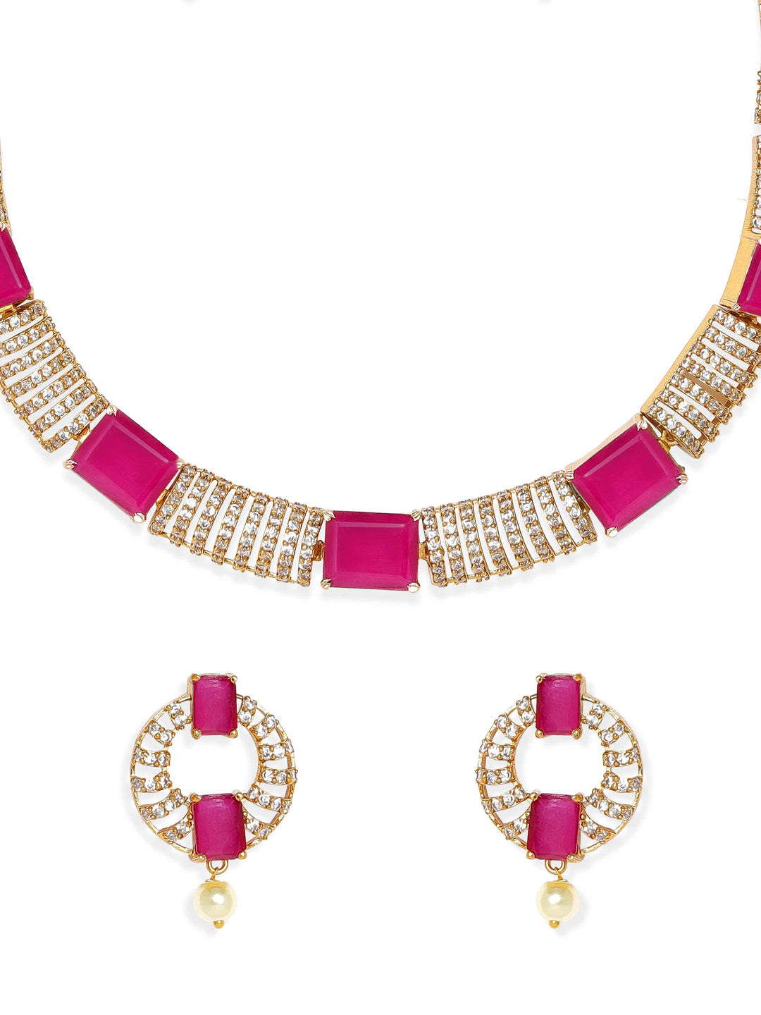 Rubans 22K Gold-Plated Ruby Pink & White Cubic Zirconia Studded Premium Jewellery Set with Earrings Jewellery Sets