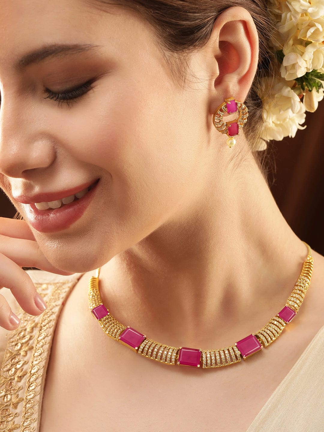 Rubans 22K Gold-Plated Ruby Pink & White Cubic Zirconia Studded Premium Jewellery Set with Earrings Jewellery Sets