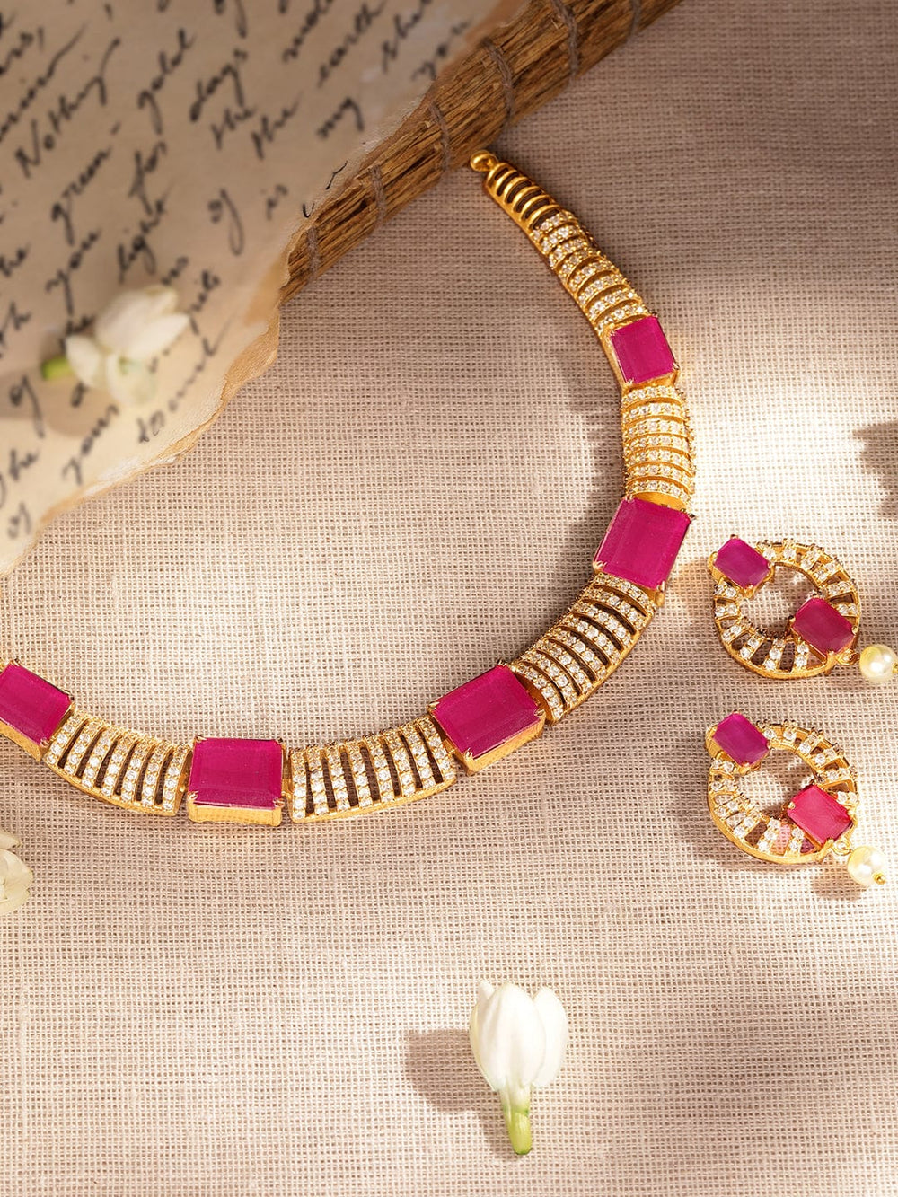 Rubans 22K Gold-Plated Ruby Pink & White Cubic Zirconia Studded Premium Jewellery Set with Earrings Jewellery Sets