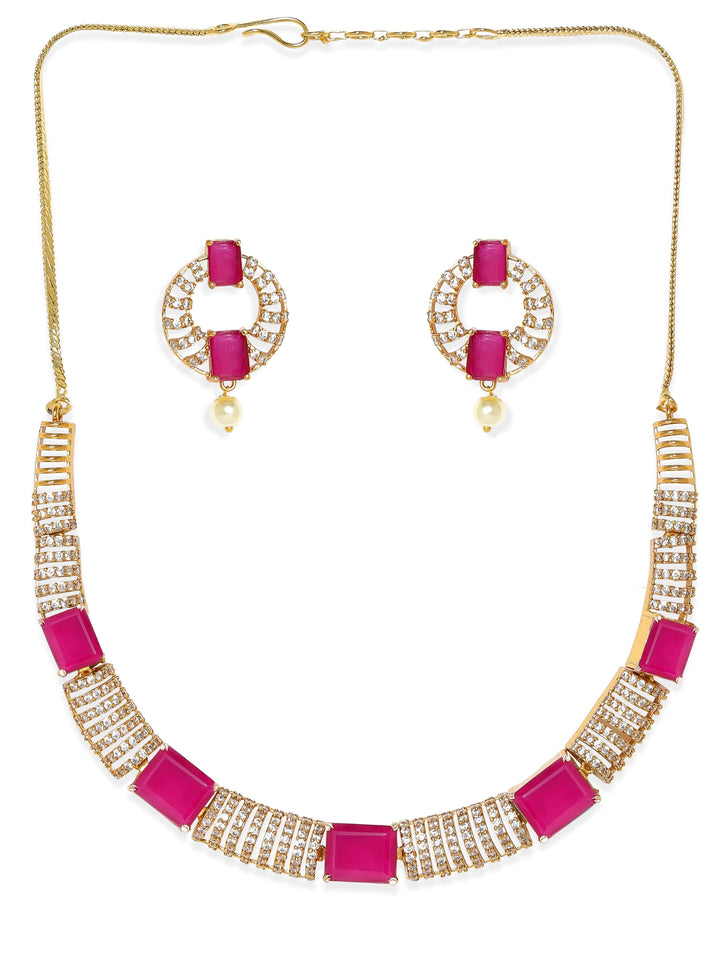 Rubans 22K Gold-Plated Ruby Pink & White Cubic Zirconia Studded Premium Jewellery Set with Earrings Jewellery Sets