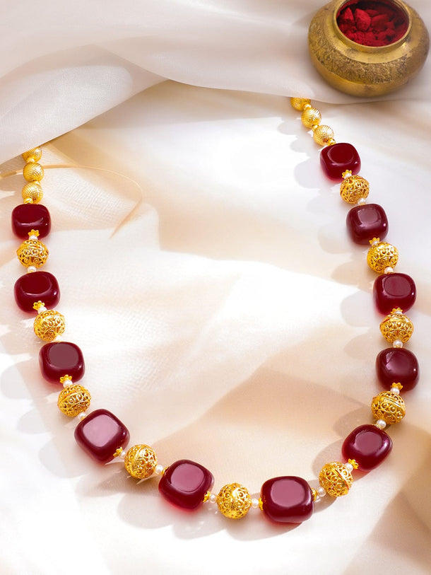 Rubans 22K Gold-Plated Ruby Red Beaded Necklace with Golden Filigree Bead Detailing Jewellery Set