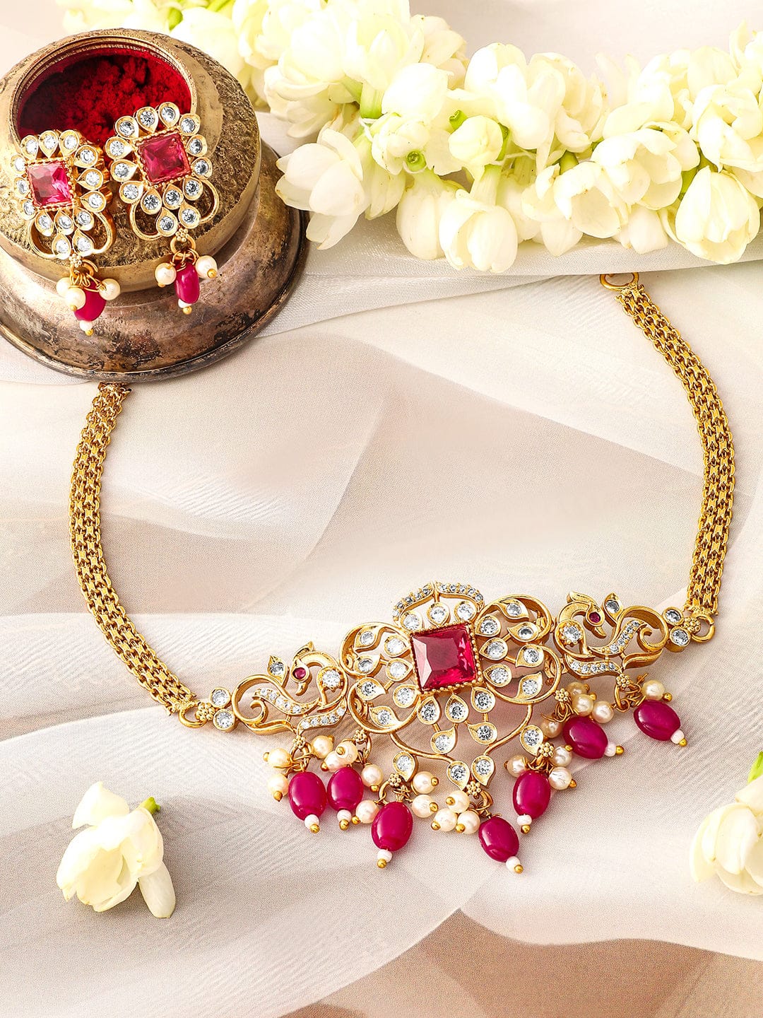 Rubans 22K Gold Plated Ruby Red & Cubic Zirconia Studded Choker Set with Red Pearl Beads Jewellery Set