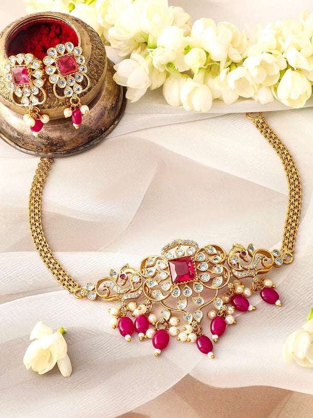 Rubans 22K Gold Plated Ruby Red & Cubic Zirconia Studded Choker Set with Red Pearl Beads Jewellery Set